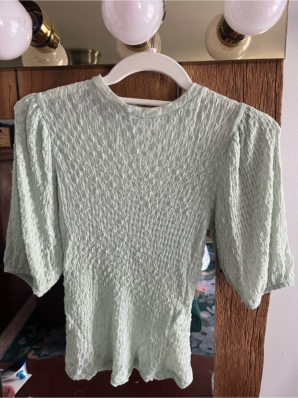 Topshop Mint Textured Puff-Sleeve Blouse